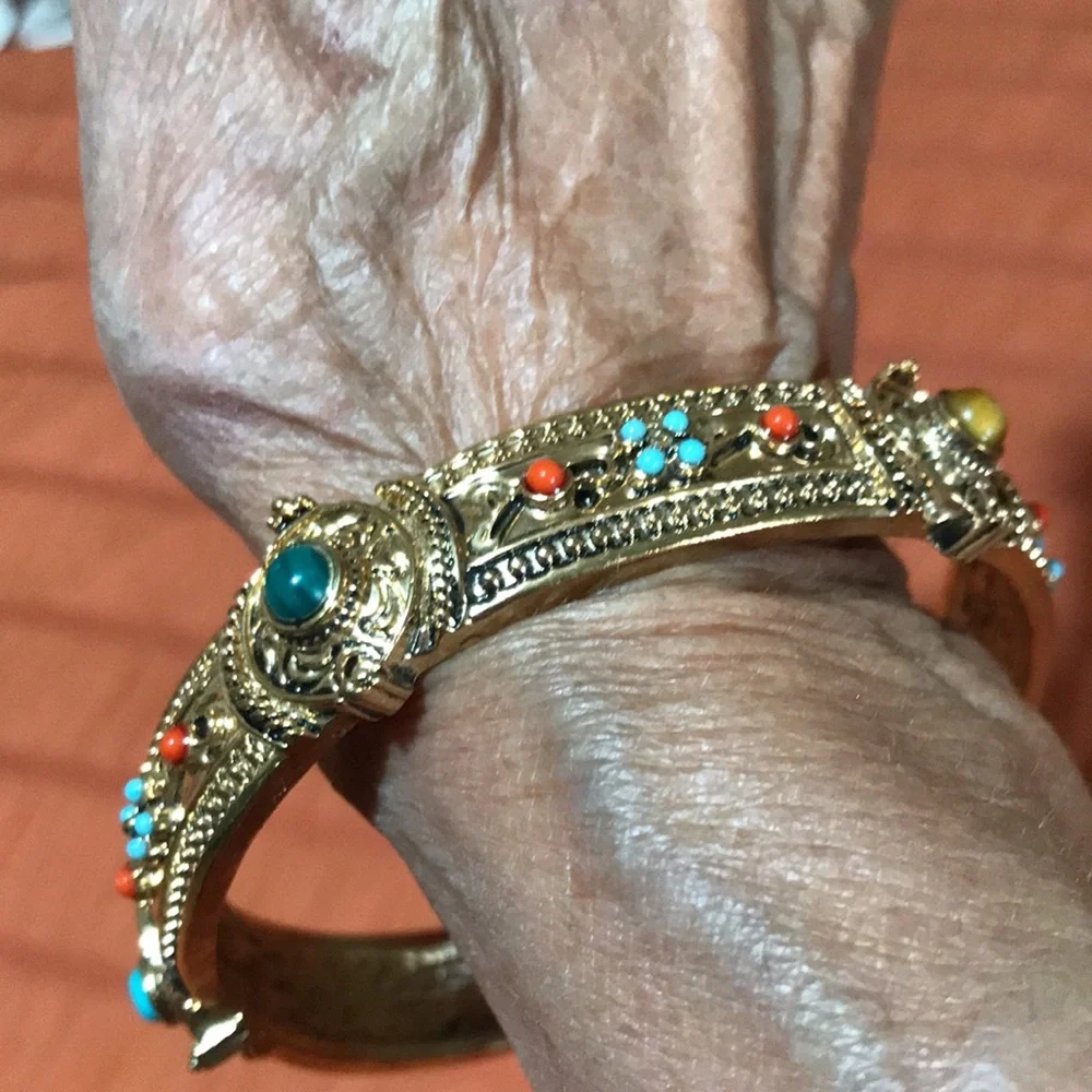 Gold-Tone Turquoise & Coral Accent Bangle Bracelet